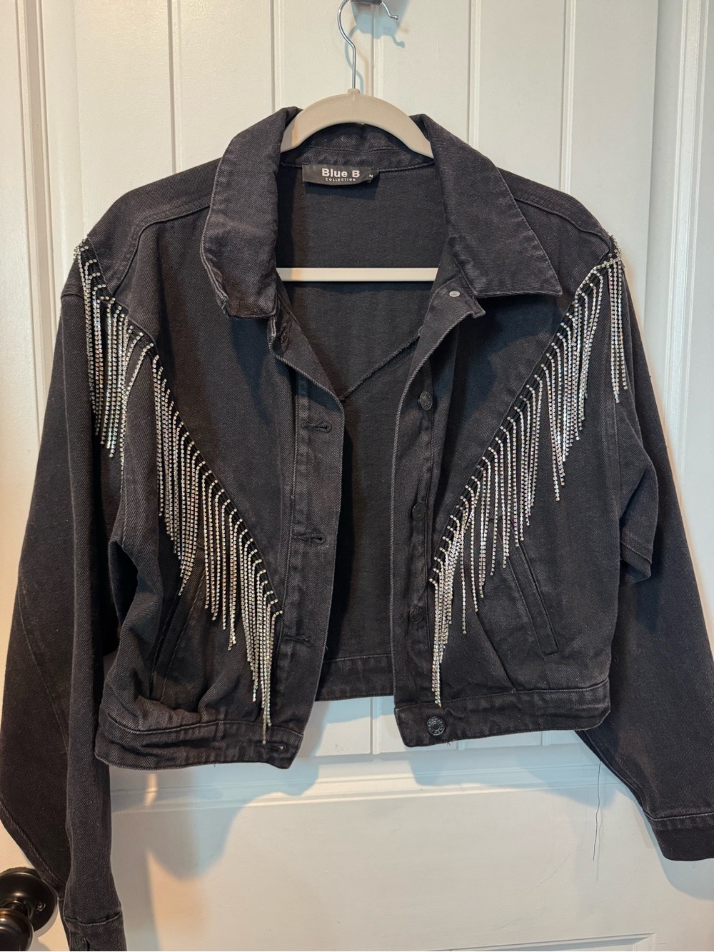 Blue B Black Denim Jacket with Silver Fringe Detailing